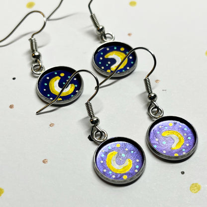 Dangly Moon Earrings - Option of Purple or Blue