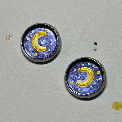 Stud Moon Earrings - Option of Purple or Blue