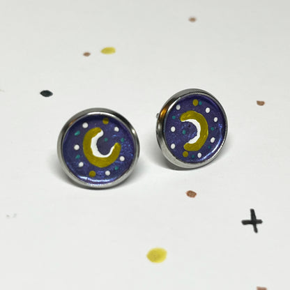 Stud Moon Earrings - Option of Purple or Blue