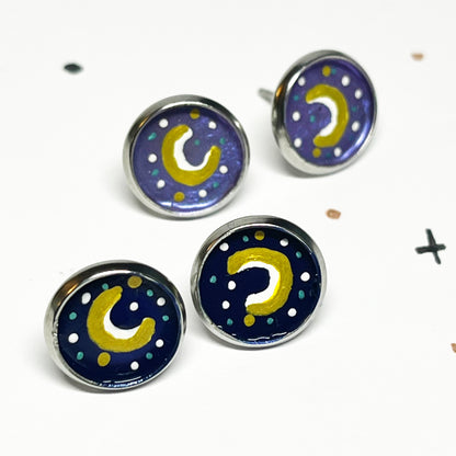 Stud Moon Earrings - Option of Purple or Blue