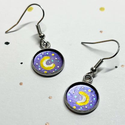 Dangly Moon Earrings - Option of Purple or Blue