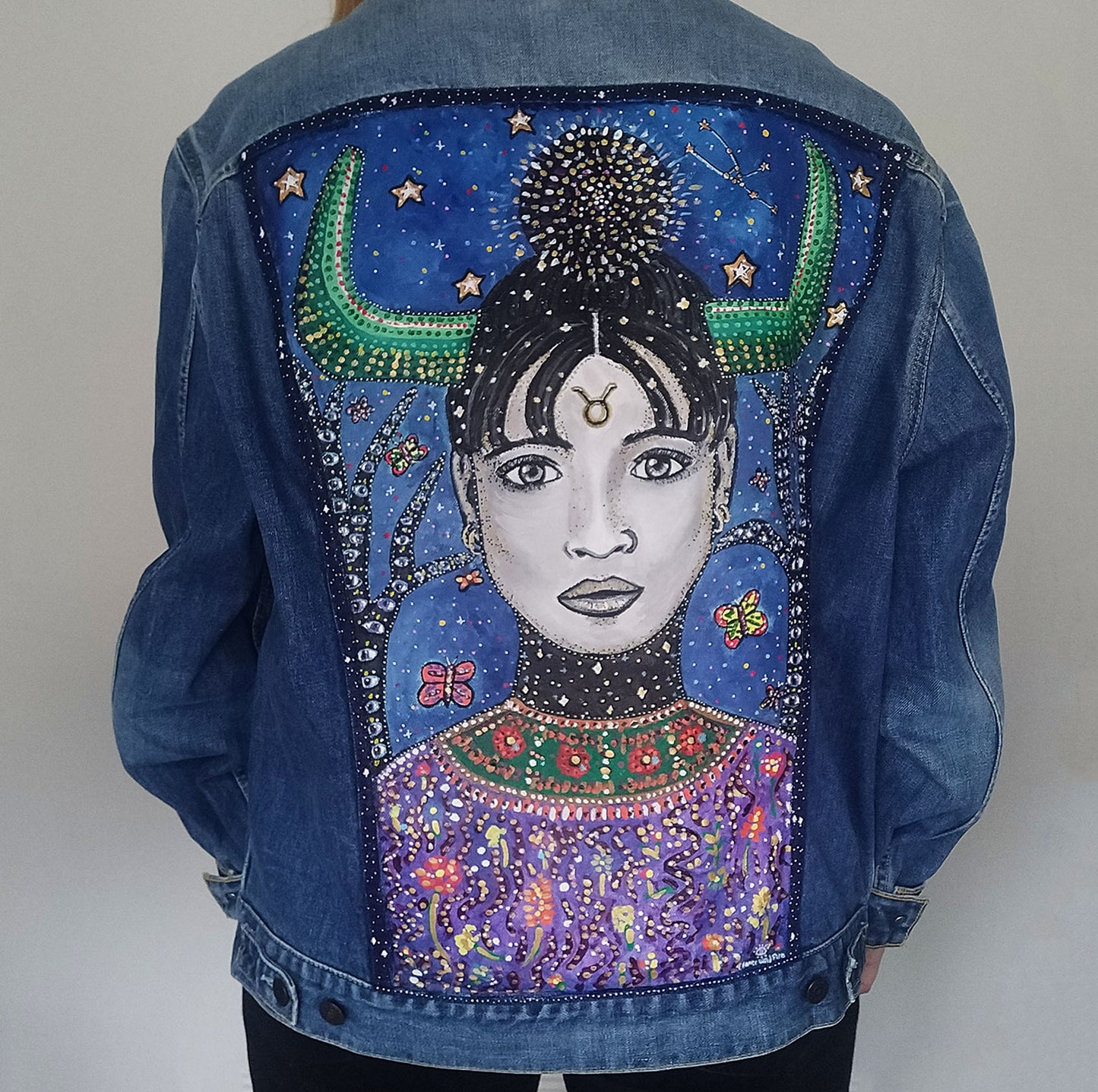 Taurus Hand Painted One Of A Kind XL Denim Jacket